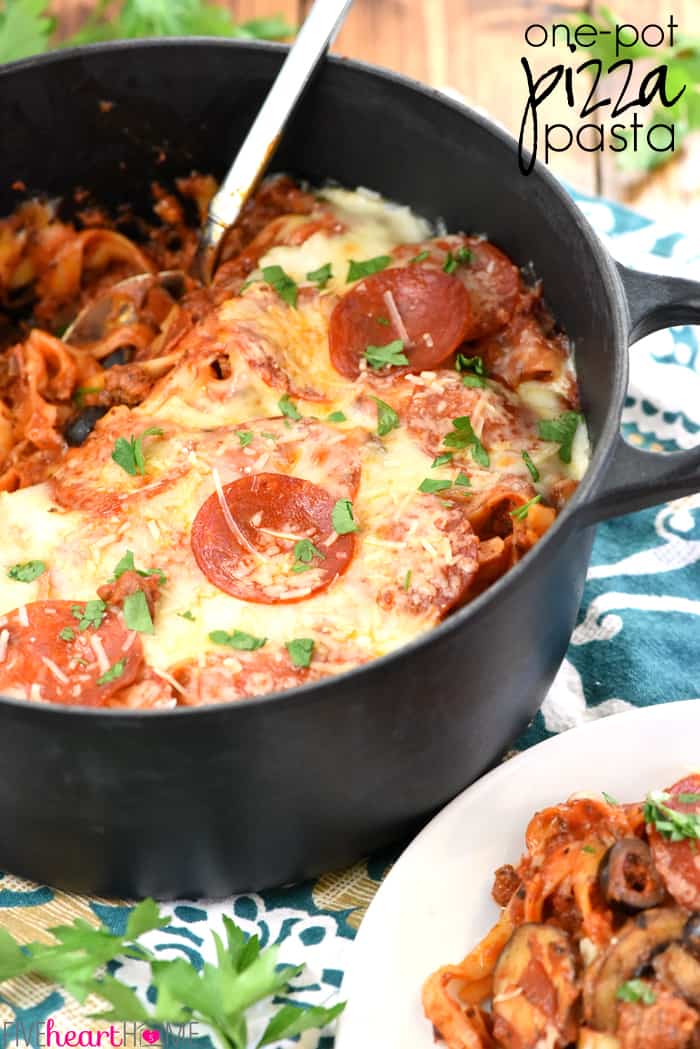 One-Pot Pizza Pasta ~ an easy, cheesy, comforting dinner recipe loaded with flavor thanks to all of your favorite pizza toppings...and as a bonus, everything gets cooked in the same pot! | FiveHeartHome.com