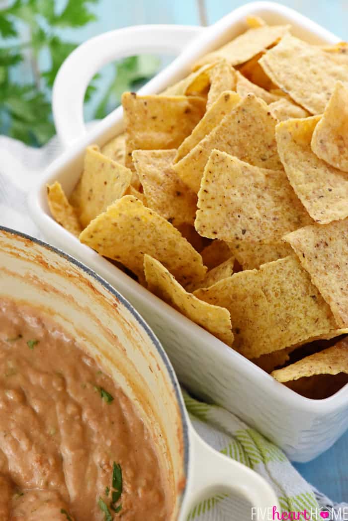 Tortilla chips for dipping in Bean Dip recipe.