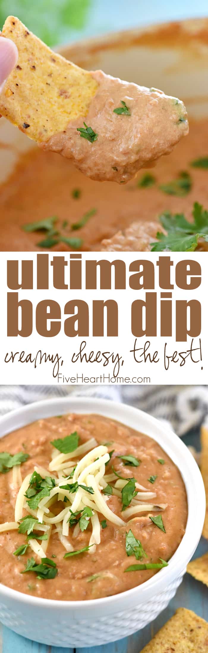 Ultimate Bean Dip ~ with just SIX simple ingredients -- refried beans, cream cheese, salsa, pepper jack, and cilantro -- and requiring just 10 minutes to make, this stove-top appetizer recipe is creamy and cheesy...the perfect bean dip recipe for parties or for watching the big game! | FiveHeartHome.com via @fivehearthome
