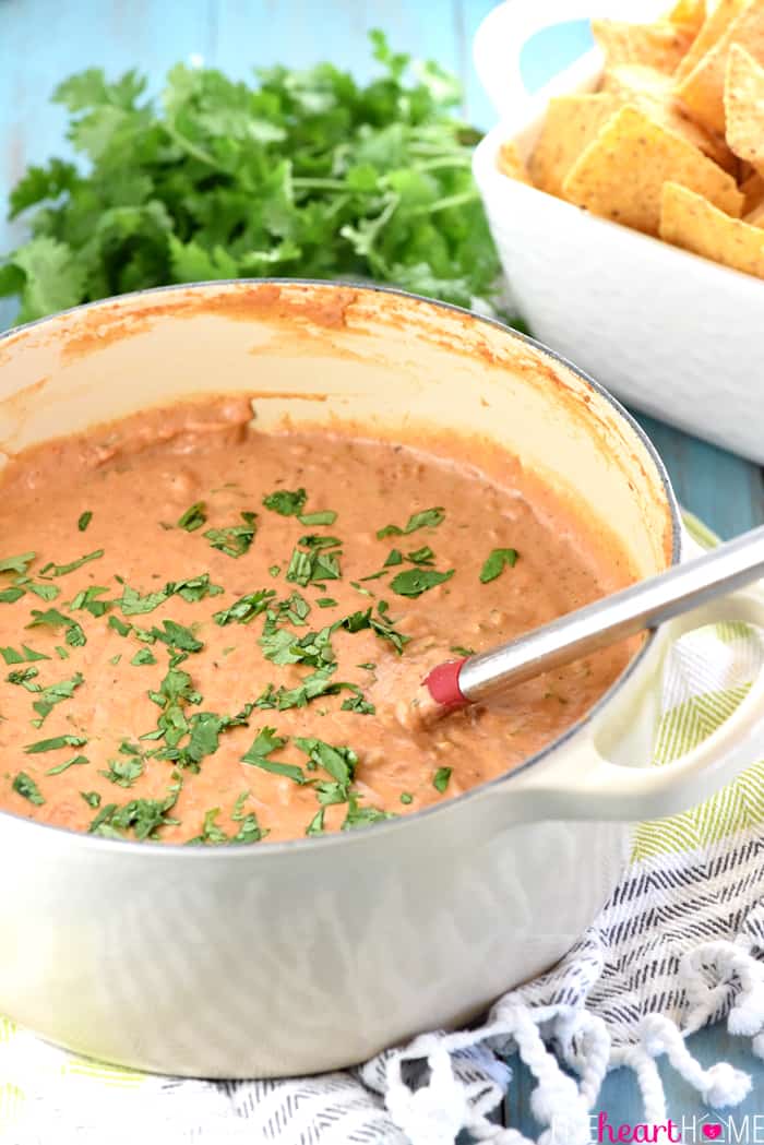 Bean Dip in pot with cilantro on top.