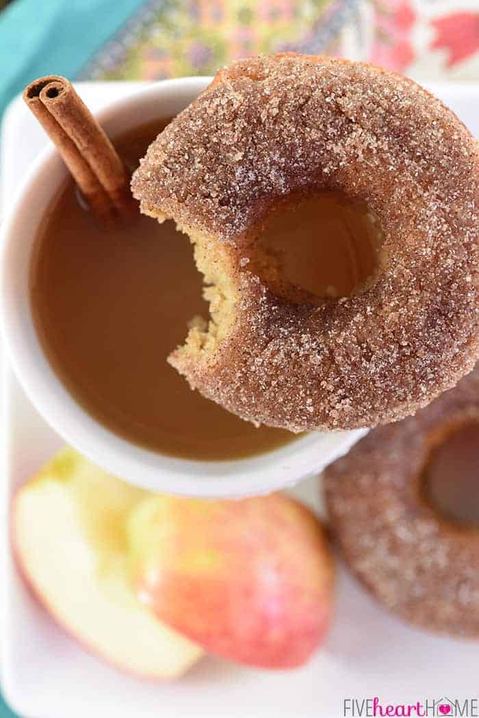 Baked Apple Cider Donuts ~ these delicately spiced, 100% whole wheat donuts are tender on the inside and coated in crunchy cinnamon sugar on the outside for a tasty fall breakfast treat! | FiveHeartHome.com Baked Apple Cider Donut with a bite missing resting on the edge of a mug of apple cider.