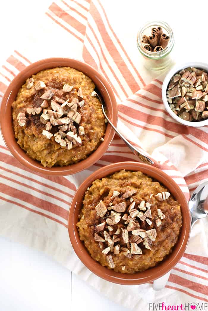 Aerial View of Overnight Slow Cooker Pumpkin Pie Steel Cut Oatmeal 