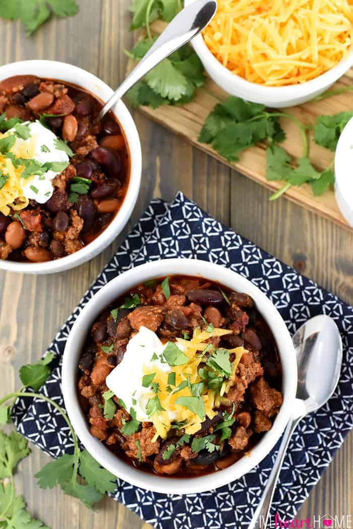 Slow Cooker Beefy Three-Bean Chili Recipe | FiveHeartHome.com