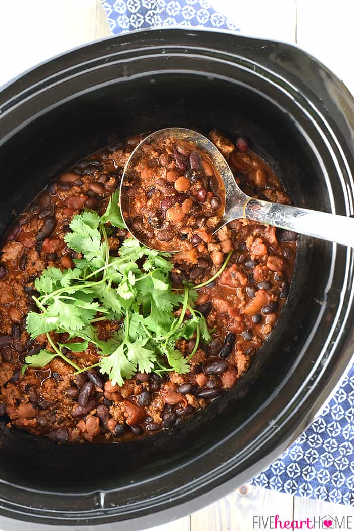 Slow Cooker Beefy Three-Bean Chili Recipe | FiveHeartHome.com