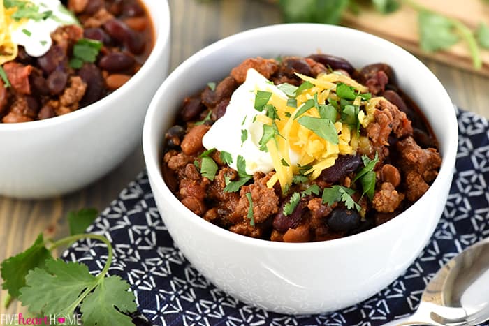 Slow Cooker Beefy Three-Bean Chili Recipe | FiveHeartHome.com