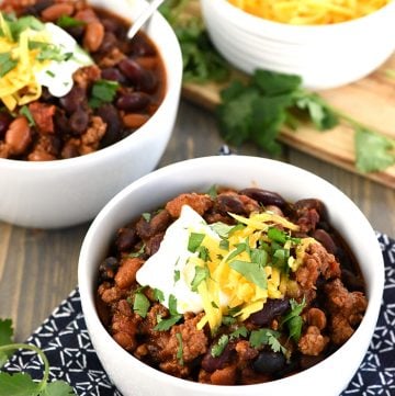 Slow Cooker Beefy Three-Bean Chili Recipe.