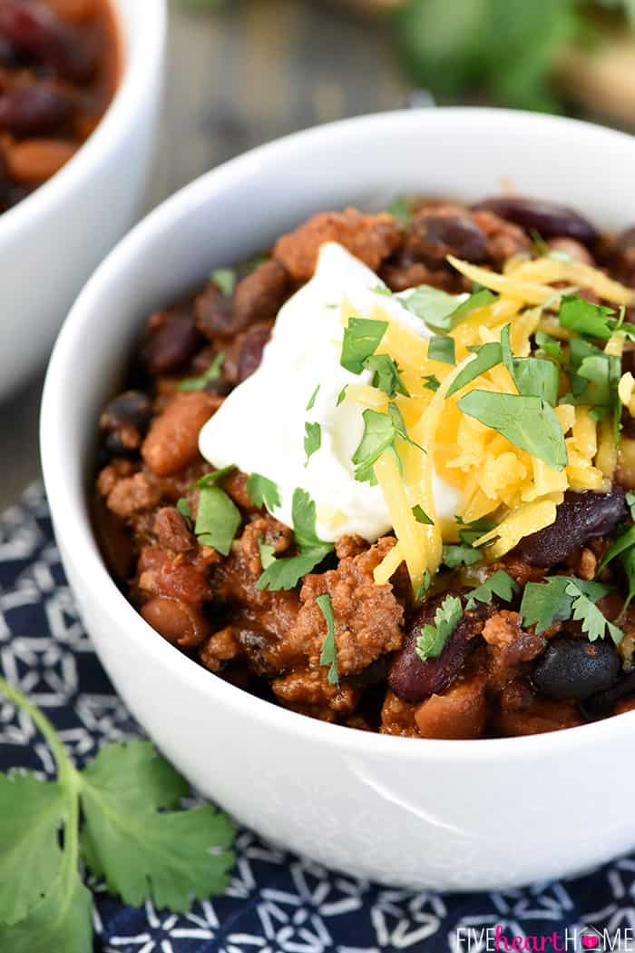 Slow Cooker Beefy Three-Bean Chili Recipe | FiveHeartHome.com