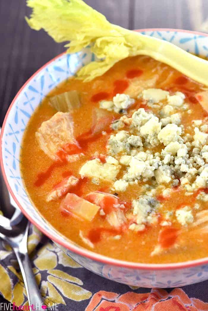 Bowl of Slow Cooker Buffalo Chicken Soup.