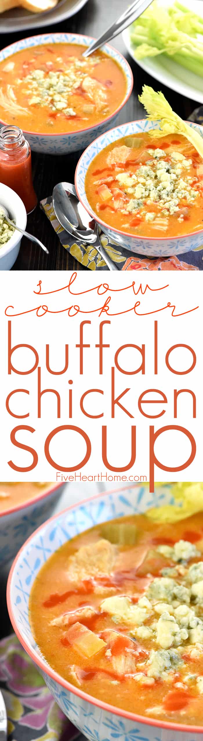 Slow Cooker Buffalo Chicken Soup ~ the bold flavors of Buffalo wings come together in this zippy, creamy, easy-to-whip-up, crock pot recipe...perfect for serving on game day or for warming up on a chilly fall or winter evening! | FiveHeartHome.com via @fivehearthome