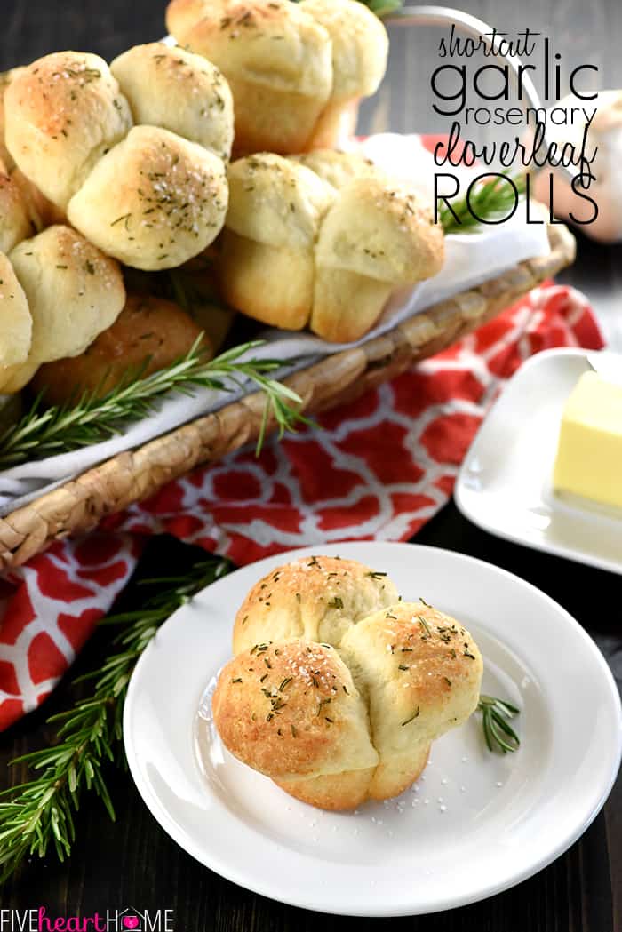 Quick & Easy Garlic Rosemary Cloverleaf Dinner Rolls ~ when time is short and homemade isn't possible, frozen bread dough is a quick and easy shortcut ingredient for making lovely dinner rolls, perfect for Thanksgiving, Christmas, Easter, or any holiday meal or special occasion! | FiveHeartHome.com