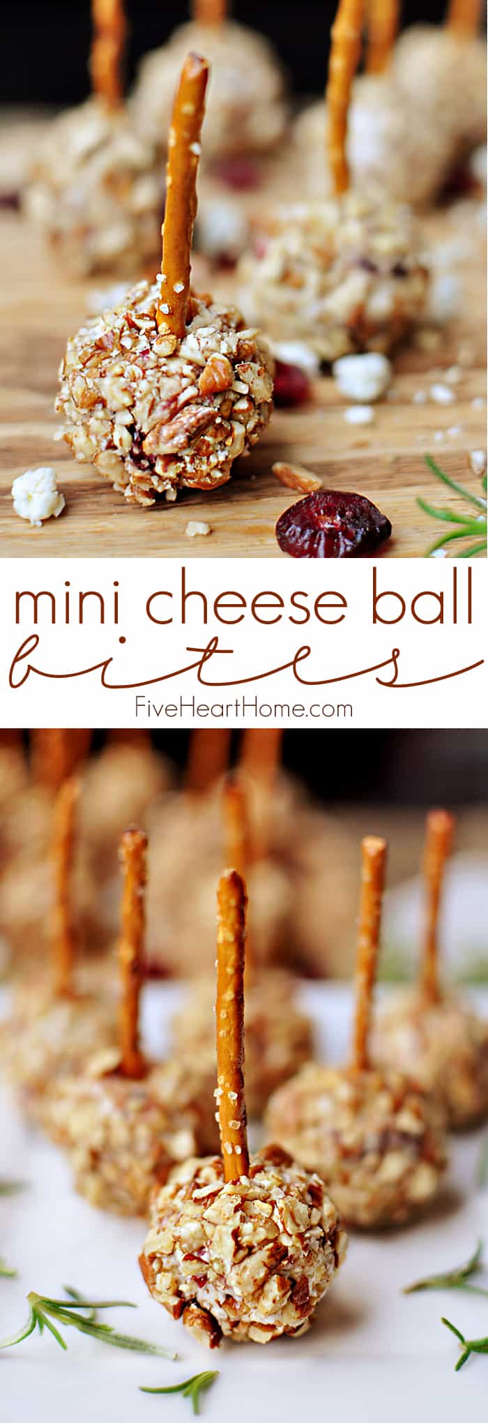 Mini Cheese Ball Bites, two-photo collage with text.
