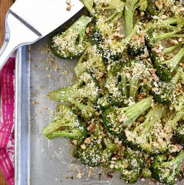 Roasted Broccoli with Parmesan, Panko, & Pecans ~ oven roasting turns plain broccoli into something special, and a crunchy, garlicky, toasty topping takes it to the next level in this delicious side dish that's perfect for holiday meals or regular weeknight dinners! | FiveHeartHome.com