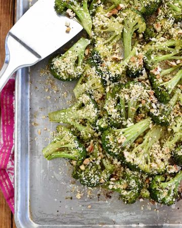 Roasted Broccoli with Parmesan, Panko, & Pecans ~ oven roasting turns plain broccoli into something special, and a crunchy, garlicky, toasty topping takes it to the next level in this delicious side dish that's perfect for holiday meals or regular weeknight dinners! | FiveHeartHome.com
