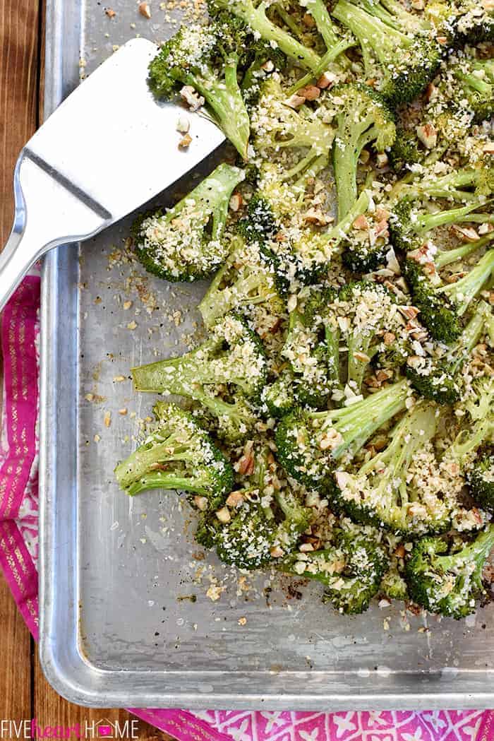 Aerial view of sheet pan of roasted broccoli