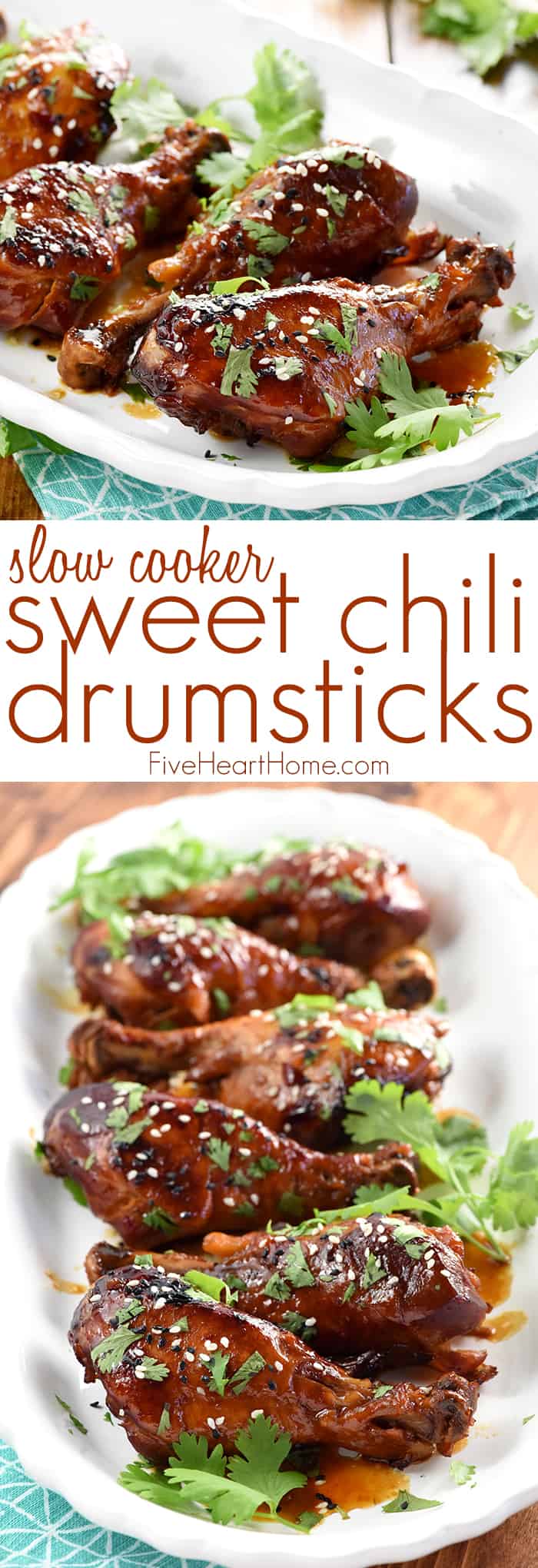 Sweet Chili Crockpot Chicken Drumsticks ~ this sticky-sweet chicken leg recipe marinates in soy sauce, Thai sweet chili sauce, and ginger before cooking effortlessly in the slow cooker! | FiveHeartHome.com via @fivehearthome