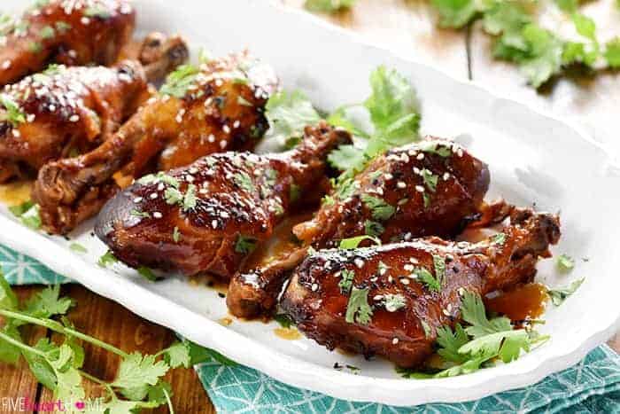 Slow Cooker Sweet Chili Drumsticks ~ this chicken recipe starts with a simple marinade of soy sauce, Thai sweet chili sauce, and ginger, then slow cooks until tender for an effortless, sweet-and-savory, Asian dinner that's healthier and more economical than take-out! | FiveHeartHome.com