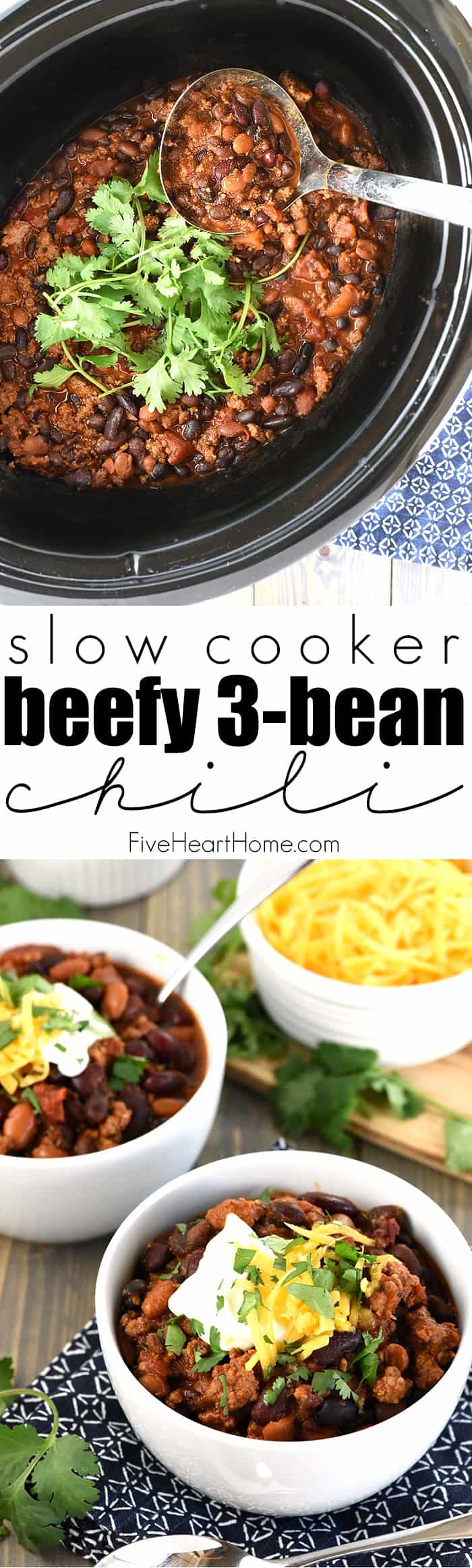 3 Bean Chili ~ a chunky, flavorful, hearty bowl of comfort food goodness loaded with savory ground beef and three kinds of beans...and it's easy to make on the stovetop or in the slow cooker! | FiveHeartHome.com via @fivehearthome
