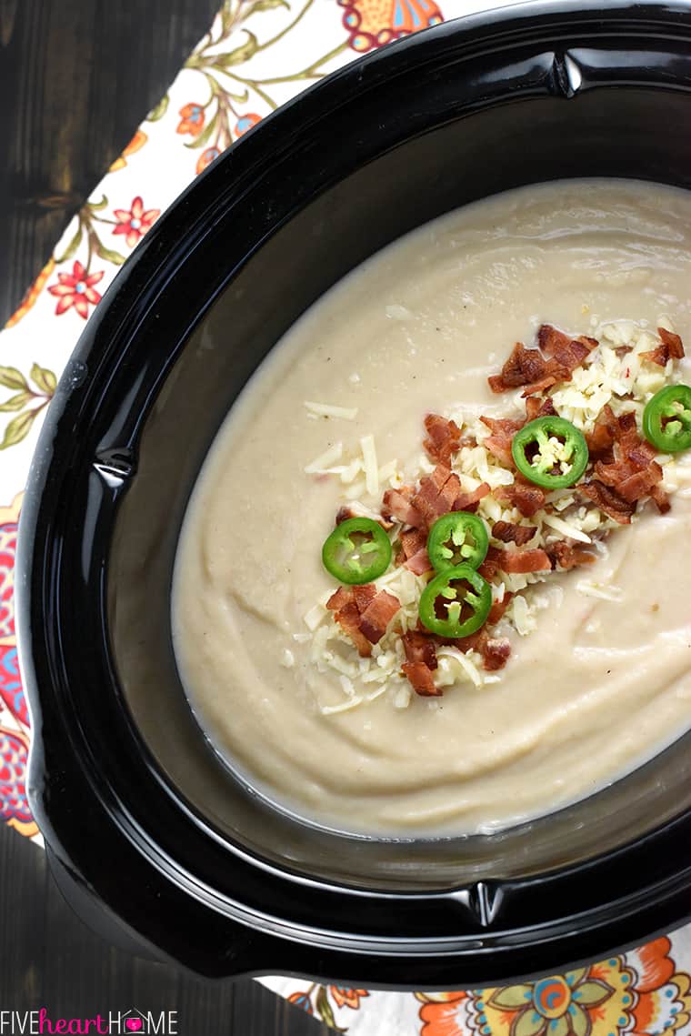  Pepper Jack & Bacon ~ this creamy, silky, crock pot soup balances healthy, vitamin-packed cauliflower with zesty cheese and decadent bacon! | FiveHeartHome.com