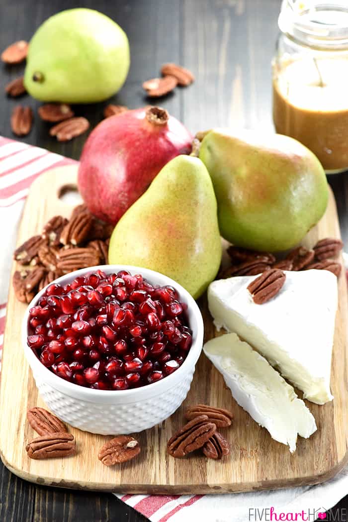  Pomegranate, Pear, Pecan, & Brie Salad with Homemade Balsamic Vinaigrette Ready for Assembling into a Salad Perfect for Thanksgiving 