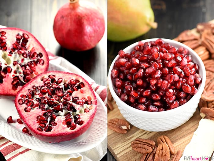 Collage of Pomegranate Cut in Half and Bowl of Pomegranate Seeds 