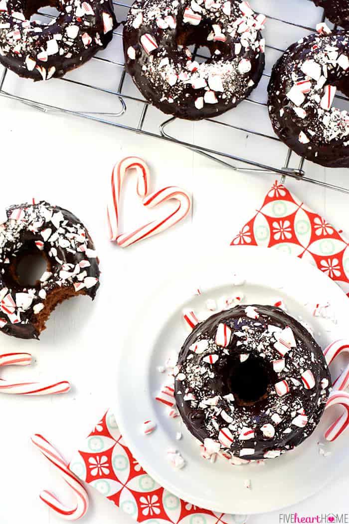 Aerial View of Chocolate Peppermint Baked Donuts with a Heart Made Out of Candy Canes 