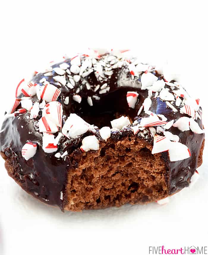 Bite Taken out of Chocolate Peppermint Baked Donuts 