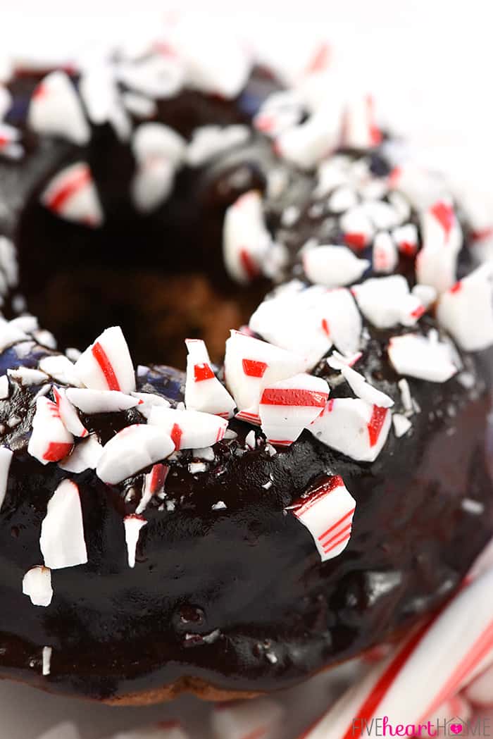 Close-Up of rich chocolate glaze and crushed candy canes sprinkled on top