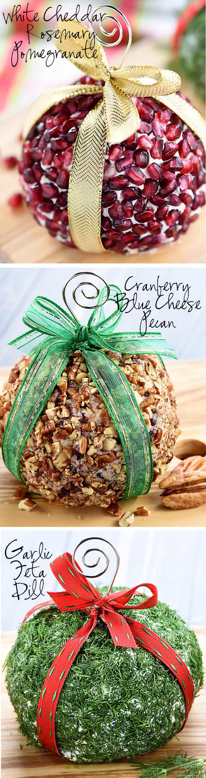 three mouthwatering flavors -- Cranberry, Blue Cheese, & Pecan; Garlic, Feta, & Dill; and White Cheddar, Rosemary, & Pomegranate finished with an ornament hanger and ribbon