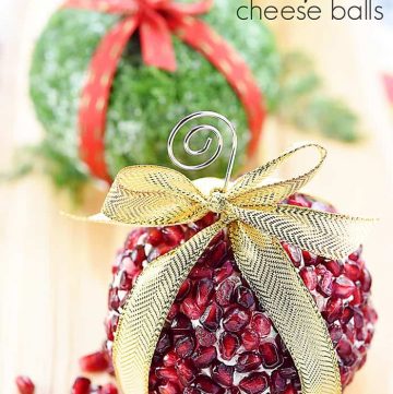 Christmas Ornament Cheese Balls ~ a fun, festive addition to your holiday party menu in three mouthwatering flavors -- Cranberry, Blue Cheese, & Pecan; Garlic, Feta, & Dill; and White Cheddar, Rosemary, & Pomegranate! | FiveHeartHome.com