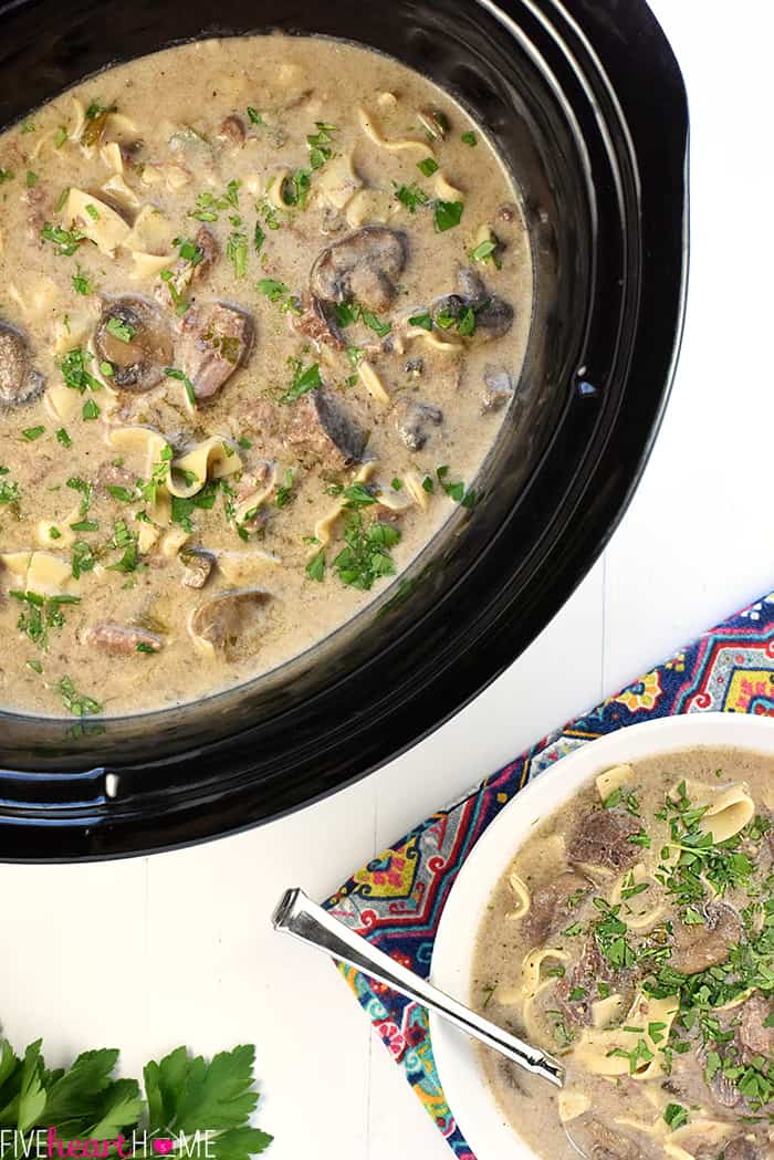 Slow Cooker Beef Stroganoff Soup ~ a classic comfort food dish gets a soup lover's makeover in this warm, hearty recipe, loaded with savory beef, mushrooms, and noodles...and your crock pot does all of the work! | FiveHeartHome.com Aerial view of crock pot and bowl.