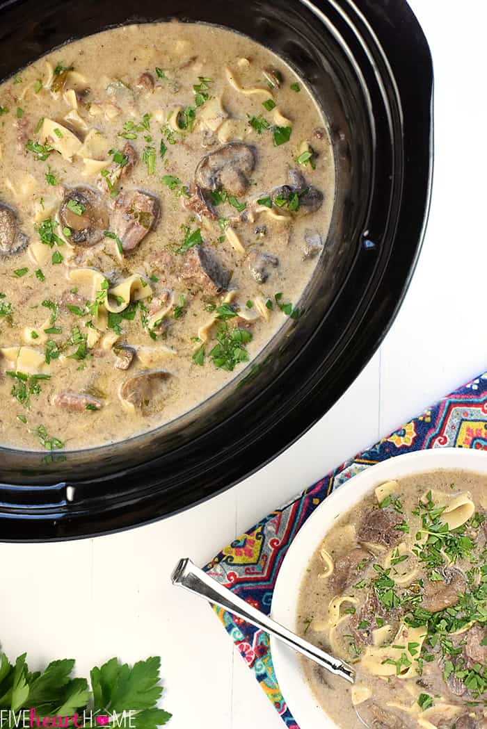 Aerial view of crock pot and bowl.