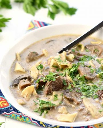 Slow Cooker Beef Stroganoff Soup in a bowl.