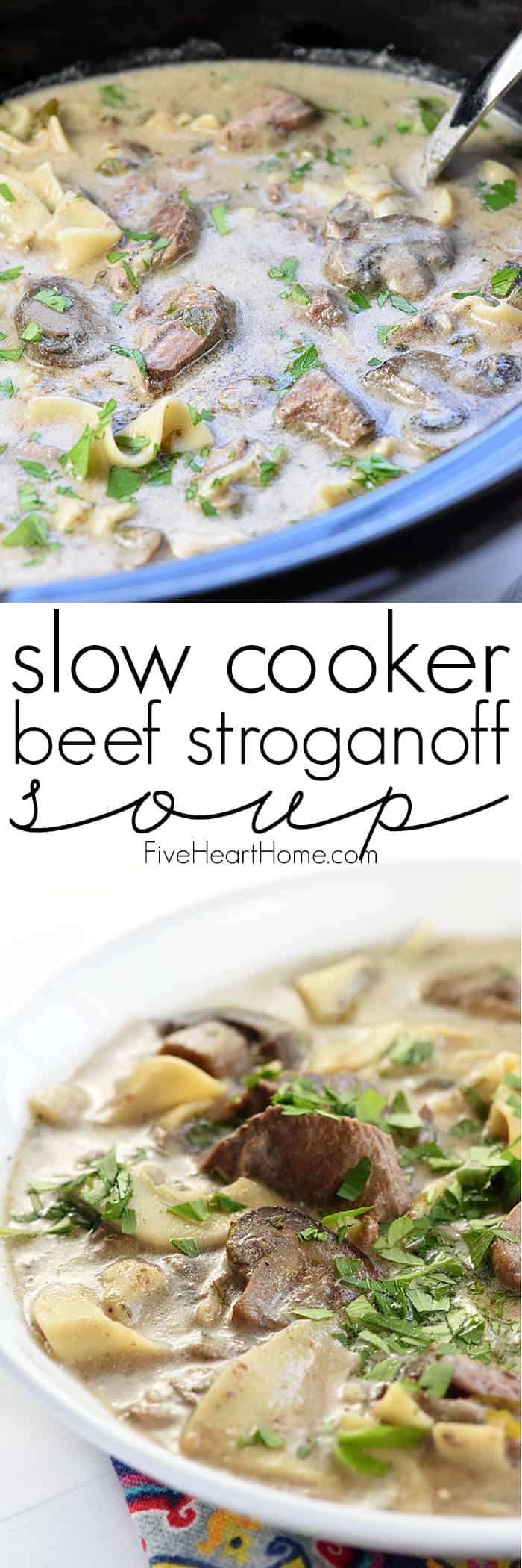 Slow Cooker Beef Stroganoff Soup ~ a classic comfort food dish gets a soup lover's makeover in this warm, hearty recipe, loaded with savory beef, mushrooms, and noodles...and your crock pot does all of the work! | FiveHeartHome.com via @fivehearthome