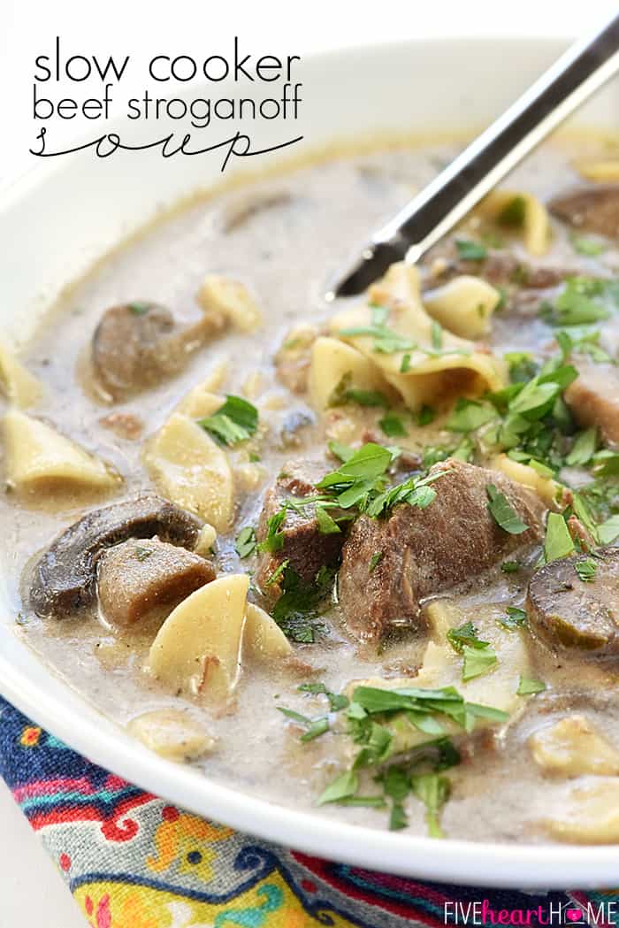 Slow Cooker Beef Stroganoff Soup with text overlay.