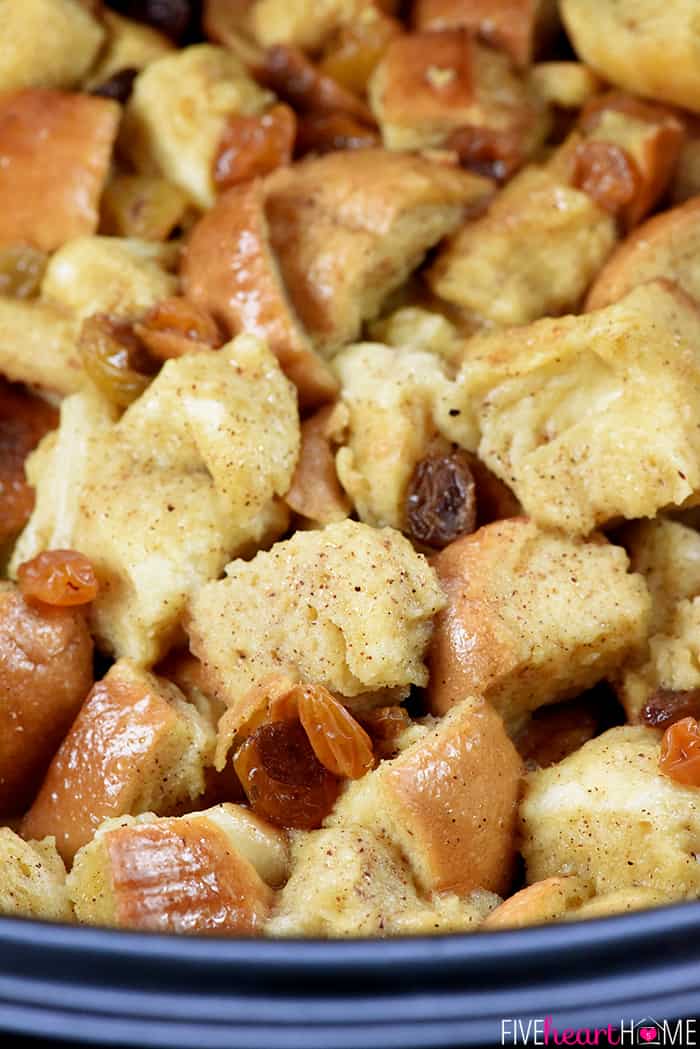 Slow Cooker Eggnog Bread Pudding ~ this decadent holiday breakfast, brunch, or dessert is studded with golden raisins, sprinkled with nutmeg, and drizzled with a silky eggnog syrup...and it effortlessly cooks up in the crock pot, freeing up the oven for other recipes! | FiveHeartHome.com Close-Up