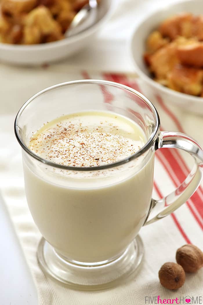 Slow Cooker Eggnog Bread Pudding ~ this decadent holiday breakfast, brunch, or dessert is studded with golden raisins, sprinkled with nutmeg, and drizzled with a silky eggnog syrup...and it effortlessly cooks up in the crock pot, freeing up the oven for other recipes! | FiveHeartHome.com Eggnog In Mug