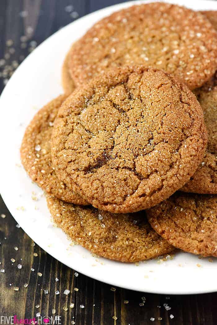 Soft Ginger Cookies coated in sugar and piled on a plate.