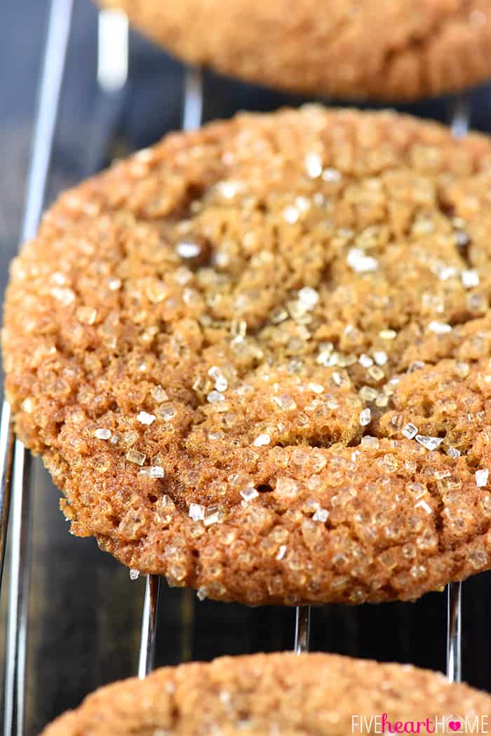 Close-up of sparkling sugar on Soft Ginger Cookies cooling on rack.