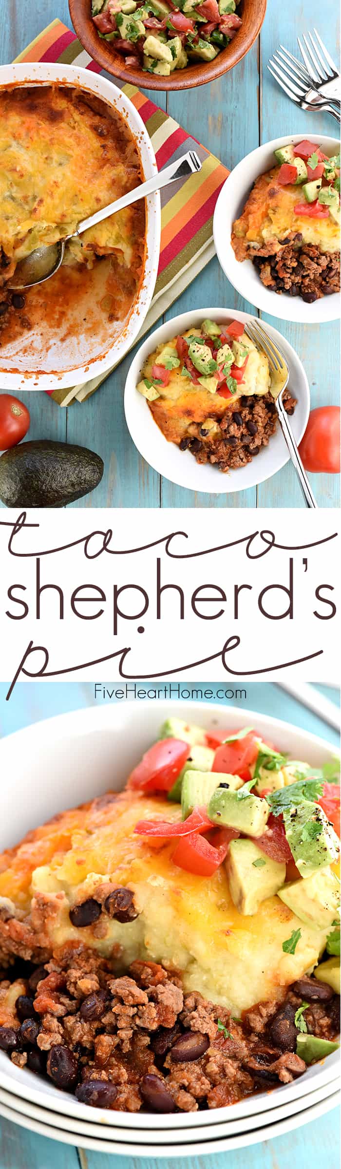 Taco Shepherd's Pie ~ a comfort food classic gets a Tex-Mex twist with taco-seasoned, salsa-spiced ground beef, studded with black beans and topped with cheesy green chile mashed potatoes! | FiveHeartHome.com via @fivehearthome