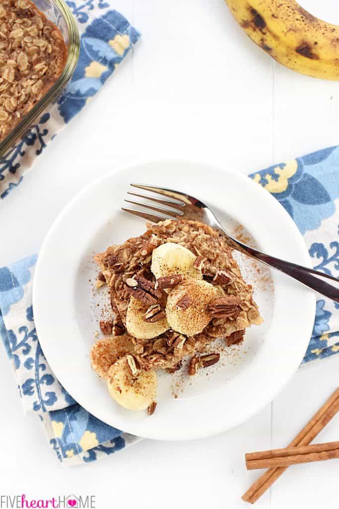 Aerial view of Banana Baked Oatmeal on white plate.