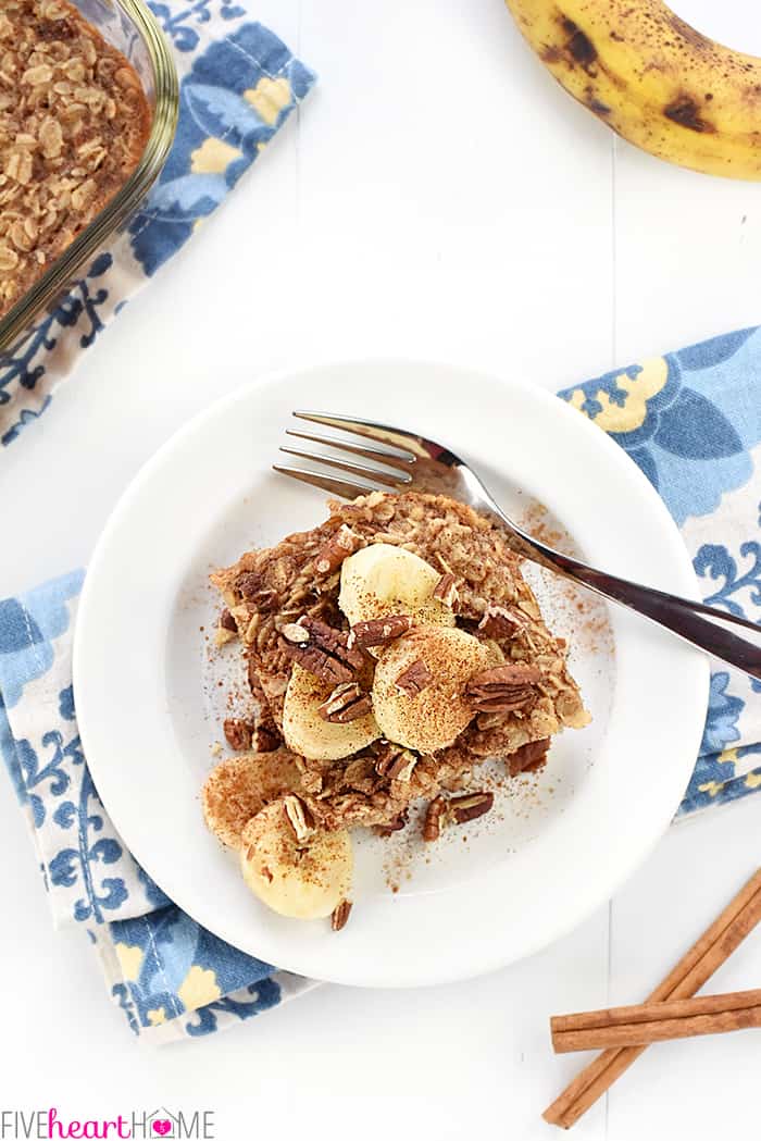 Aerial view of Banana Baked Oatmeal on a plate with a fork.