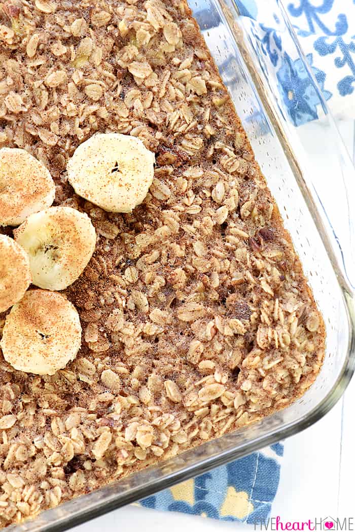 Banana Baked Oatmeal recipe in glass baking dish.