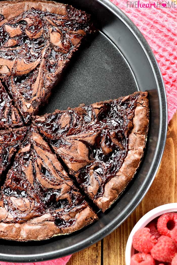 Raspberry Swirl Brownies in Pan, Baked with Serving Removed 