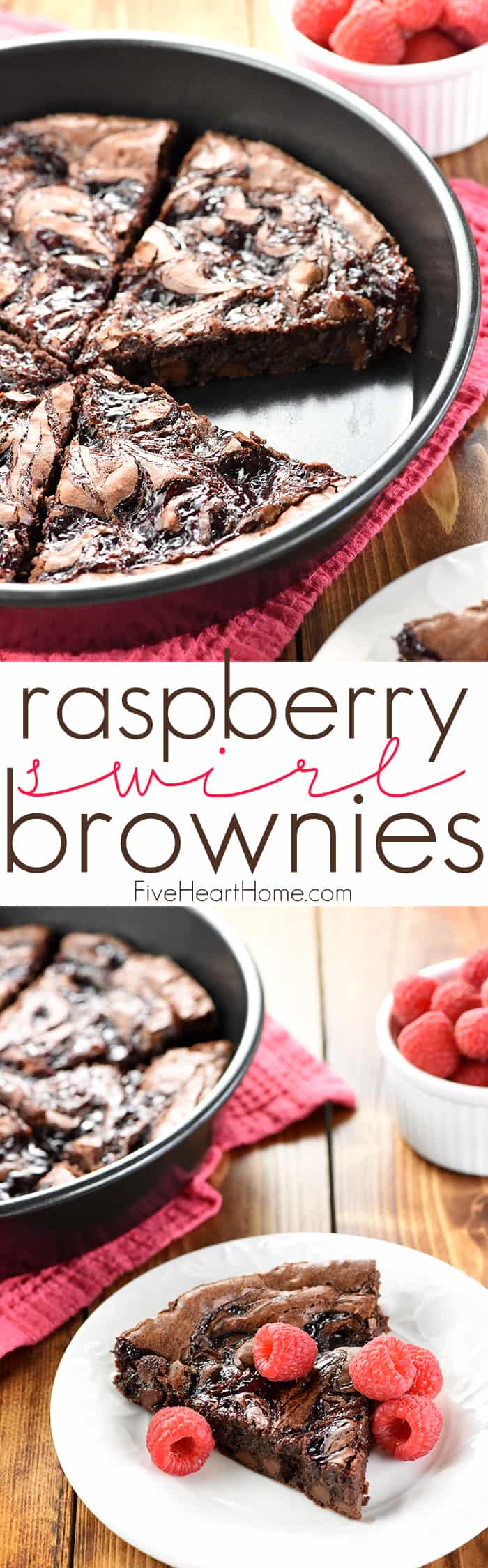 Raspberry Swirl Brownies ~ fudgy brownies are studded with chocolate chips, topped with raspberry preserves, and sliced into wedges in this rich, decadent dessert, perfect for Valentine's Day or as an anytime sweet treat! | FiveHeartHome.com via @fivehearthome