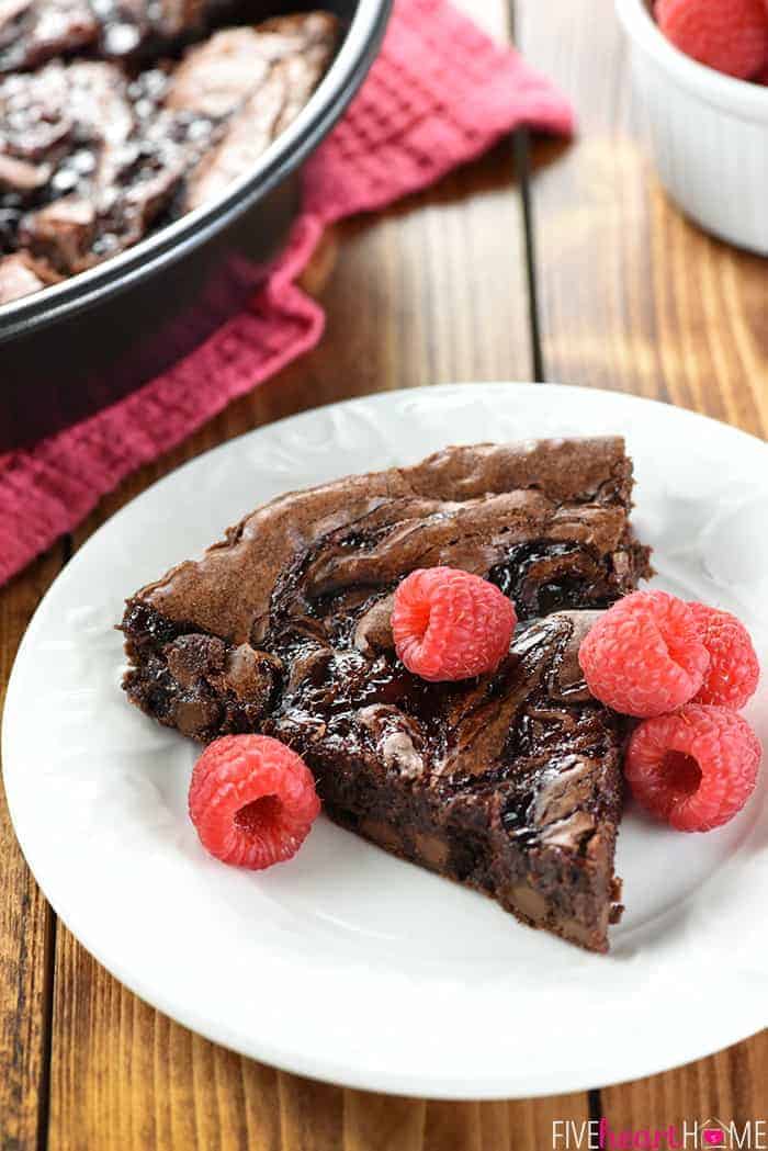 Raspberry Swirl Brownies Slice on White Plate with Fresh Raspberries 