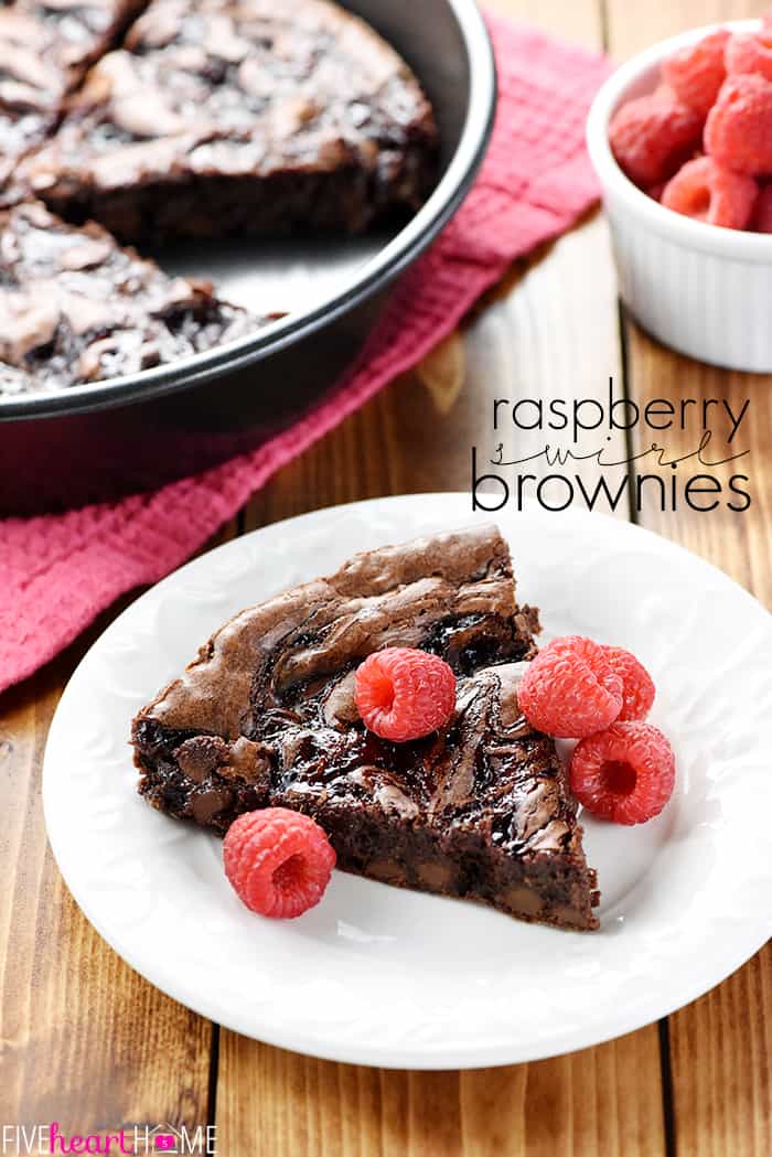 Raspberry Swirl Brownies ~ fudgy brownies are studded with chocolate chips, topped with raspberry preserves, and sliced into wedges in this rich, decadent dessert, perfect for Valentine's Day or as an anytime sweet treat! | FiveHeartHome.com