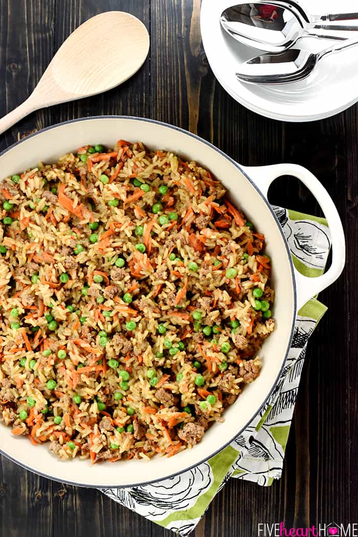 One-Pan Asian Ground Beef and Rice Recipe ~ a quick and easy dinner skillet requiring a simple list of all-natural ingredients, only one pan, and under 30 minutes to make from start to finish! {Hamburger Helper Rice Oriental copycat recipe} | FiveHeartHome.com Aerial view of Ground Beef and Rice recipe in skillet.