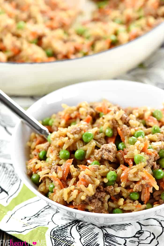 Hamburger Helper Rice Oriental copycat recipe in bowl and skillet.