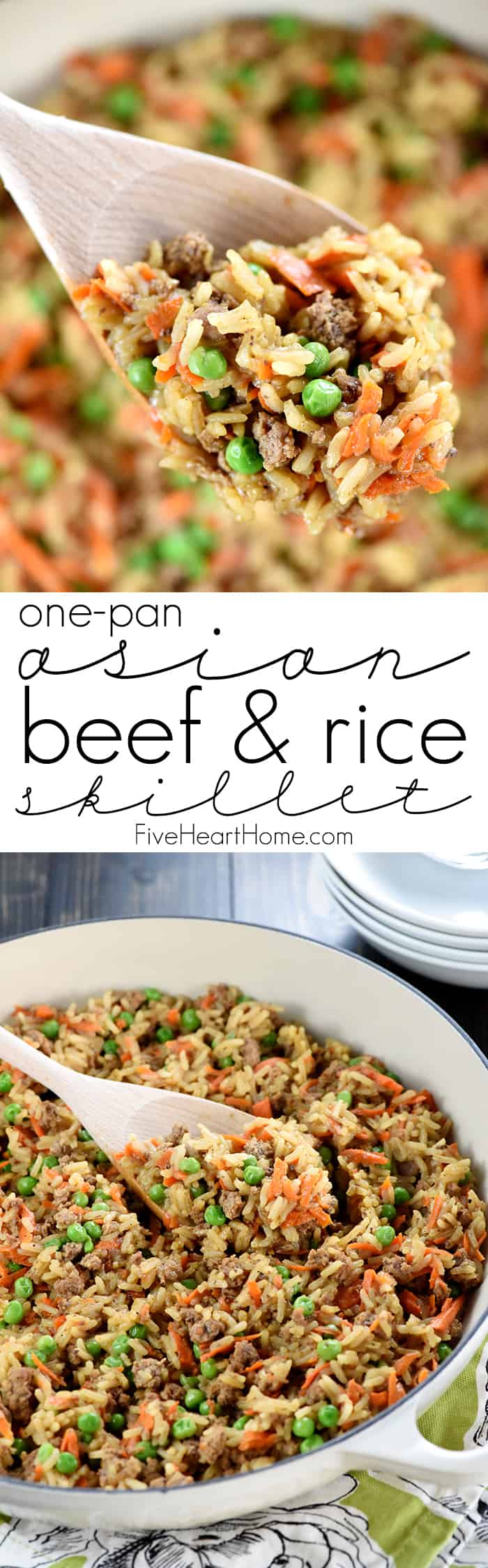 One-Pan Asian Ground Beef and Rice Recipe ~ a quick and easy dinner skillet requiring a simple list of all-natural ingredients, only one pan, and under 30 minutes to make from start to finish! {Hamburger Helper Rice Oriental copycat recipe} | FiveHeartHome.com via @fivehearthome