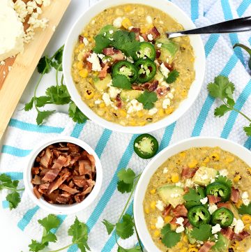 Aerial view of bowls of Slow Cooker Mexican Street Corn Chowder.